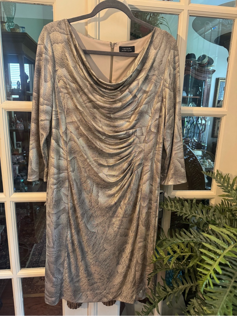 TAHARI |  Metallic Ruched Cowl Neck Cocktail Dress Size 14 NWT
